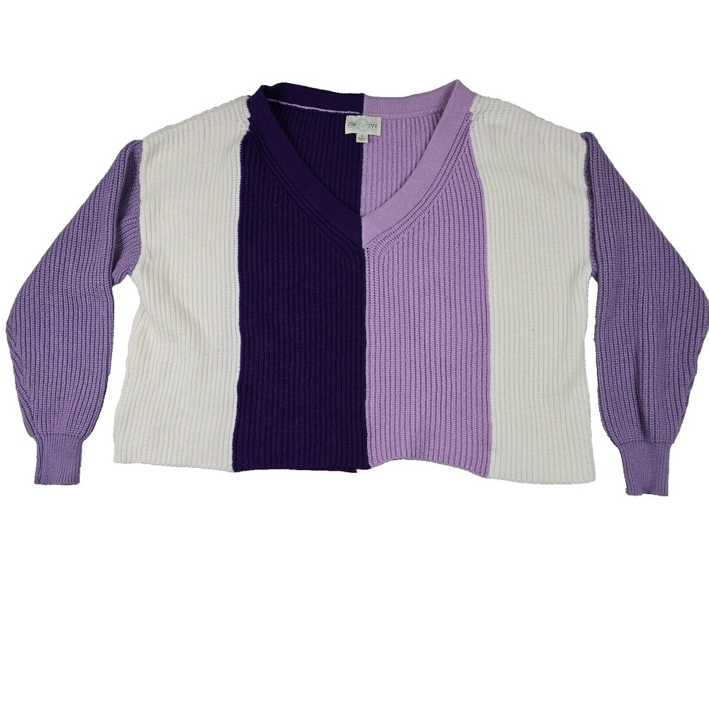 Jun & Ivy Women Purple Colorblock Ribbed V-Neck Cropped Sweater Size Large